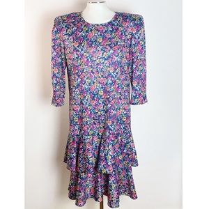 80s Vintage Floral Drop Waist Peplum Dress